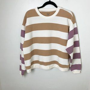Madewell striped color block tan purple boxy terry sweater medium
